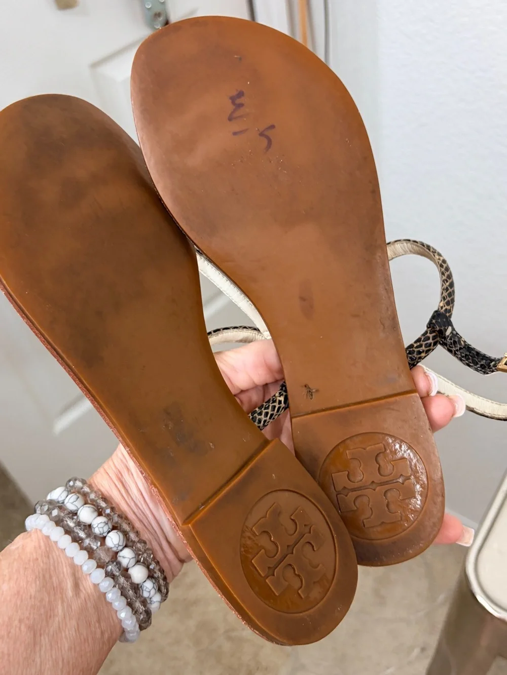 Tory Burch Tan Leather Thora Snake-Print Thong Sandals Size 7